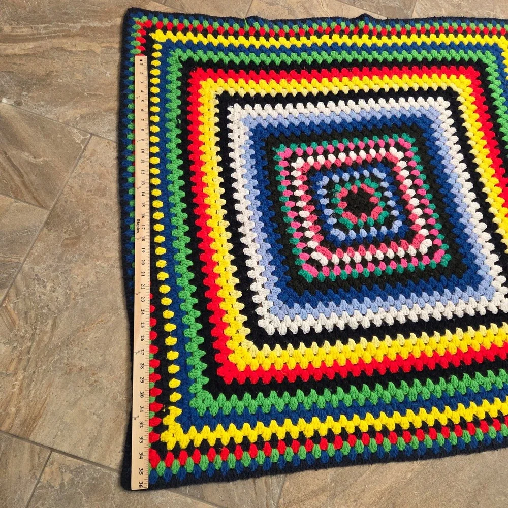 Vintage‎ Handmade Crochet Granny Square Rainbow Afghan Throw Blanket 36x36 Boho